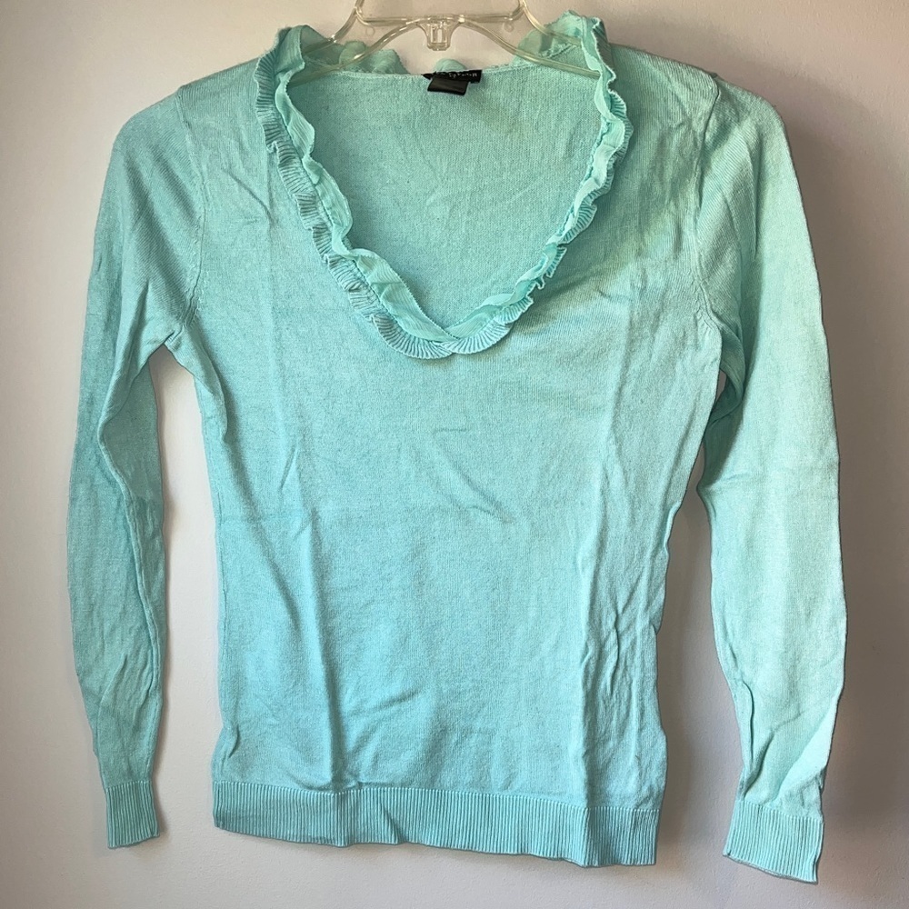 Ann Taylor Ruffle VNeck Turquoise Sweater